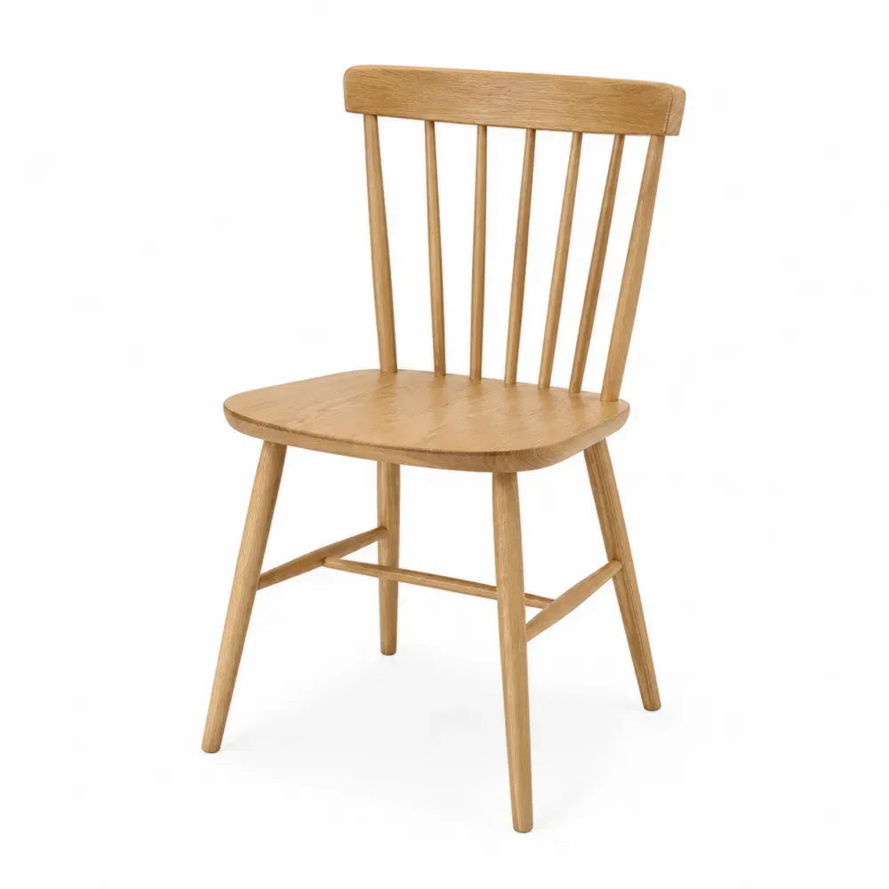 silla de comedor madera maciza roble natural respaldo de listones asiento rectangular patas inclinadas 85 cm
