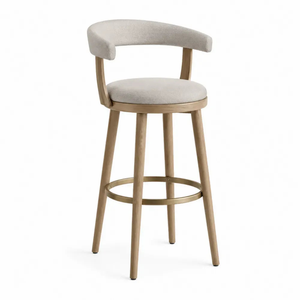 Taburete de bar con respaldo curvo asiento tapizado beige estructura de madera maciza de haya 95 cm