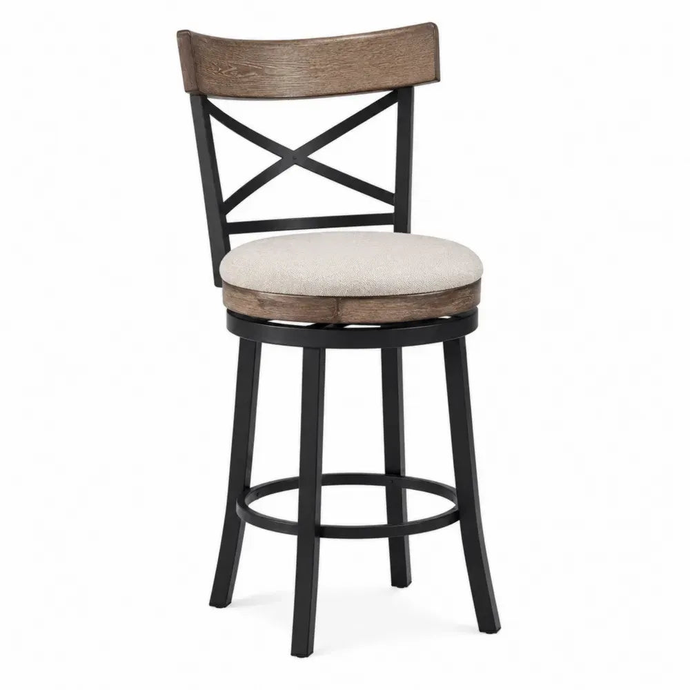 Taburete de bar con respaldo cruzado asiento redondo tapizado beige estructura metálica negra y madera marrón 95 cm