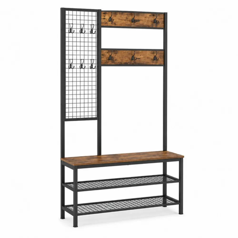 Perchero de entrada con banco zapatero 100x35x180 cm madera ingeniería metal negro marrón con ganchos y estantes de rejilla