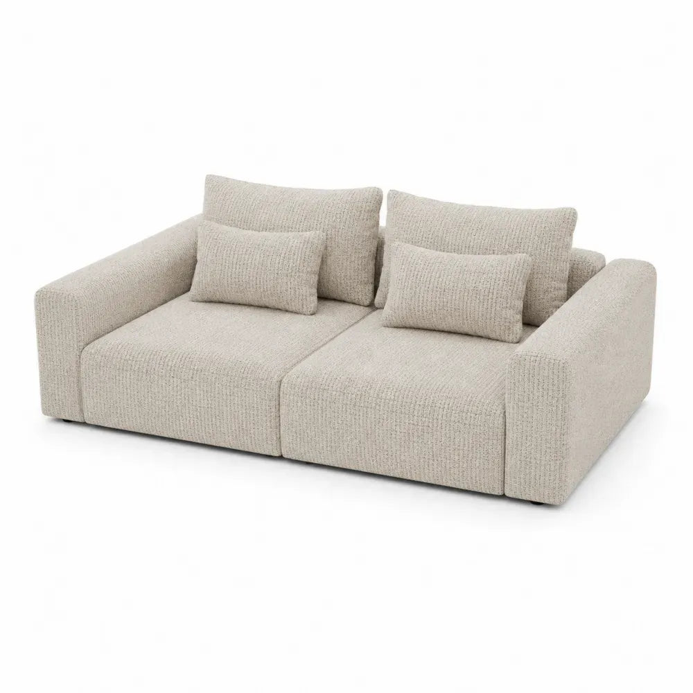 Sofá modular de 2 plazas tapizado en tejido bouclé de poliéster beige con reposabrazos cuadrados cojines y asiento profundo 240 x 115 x 85 cm