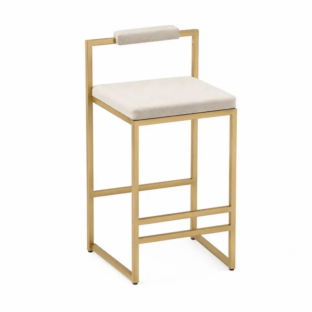 Taburete alto de comedor tapizado en poliéster beige con respaldo y estructura de acero dorado 45 x 50 x 95 cm
