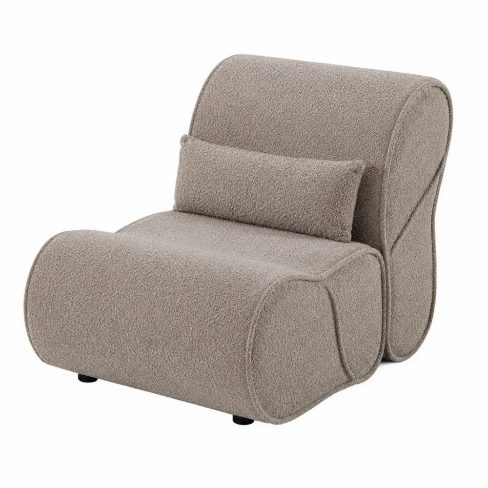 Módulo de sofá individual tapizado en tejido bouclé de poliéster beige grisáceo con respaldo curvo asiento acolchado cojín rectangular y apoyos negros 82 x 78 x 75 cm