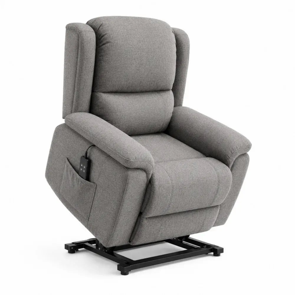 Sillón reclinable eléctrico de tejido de poliéster gris con bolsillo lateral estructura de acero y madera 95 x 95 x 105 cm
