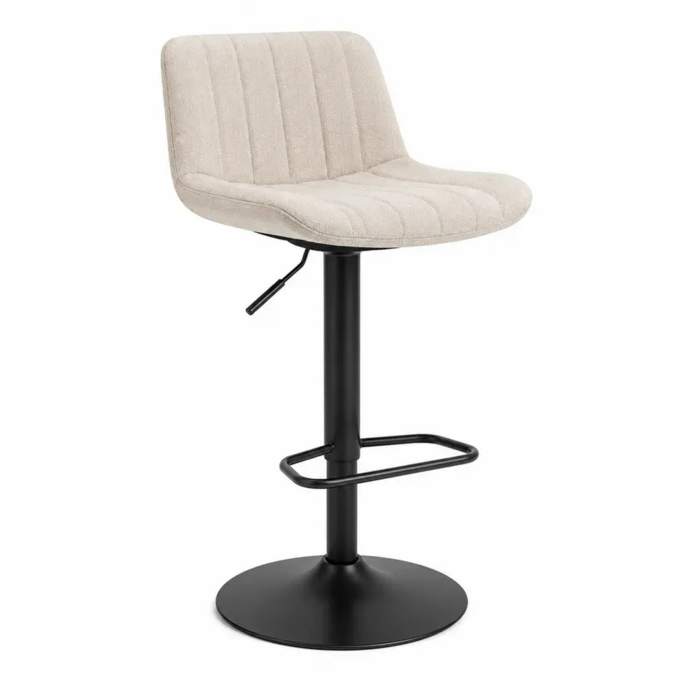 Taburete de barra giratorio con altura regulable asiento tapizado en tejido beige estructura de acero negro con reposapiés 85-105 cm