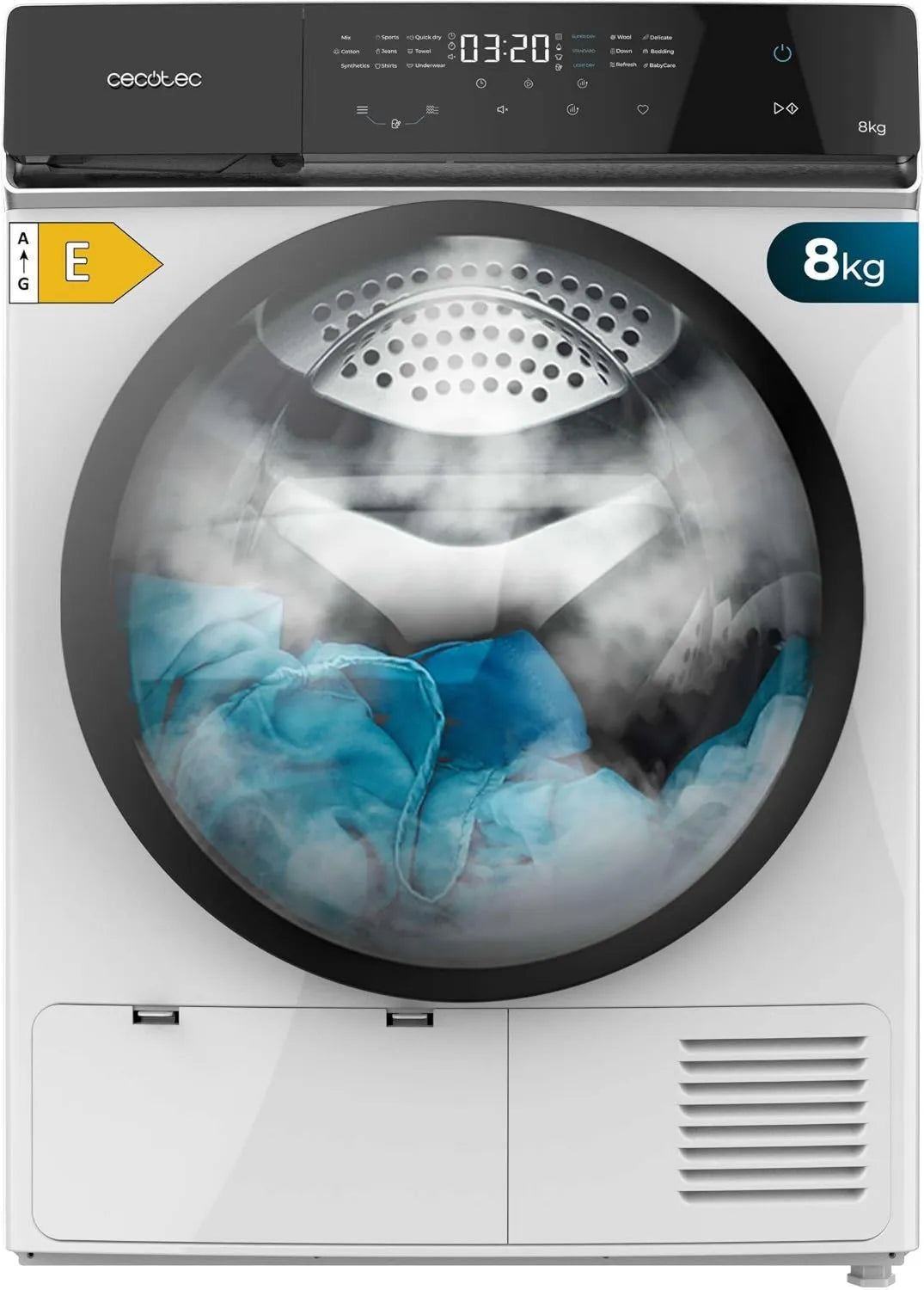 Cecotec Bolero DressCode Dryer, 15 programas, 8 kg, classe energética A, toque, branco, toque completo, baixo consumo, Secagem automática