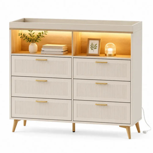 Cómoda rectangular de MDF crema y efecto madera con seis cajones estante abierto e iluminación LED 120 x 40 x 80 cm