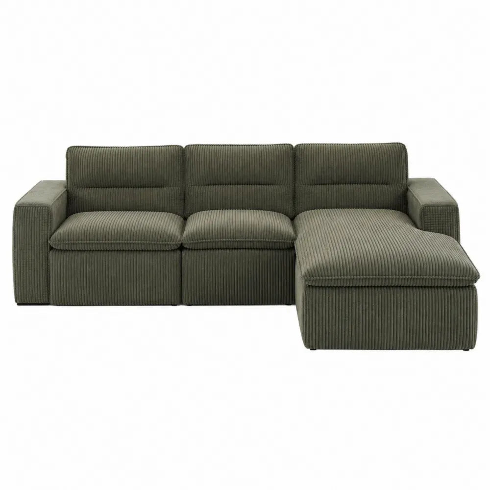 sofá seccional en L con chaise longue derecha tapizado en tejido acanalado verde estructura de madera maciza 260x160x85 cm