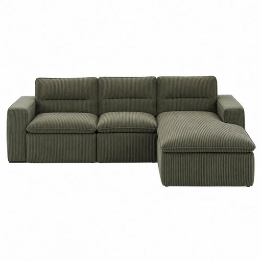 sofá seccional en L con chaise longue derecha tapizado en tejido acanalado verde estructura de madera maciza 260x160x85 cm