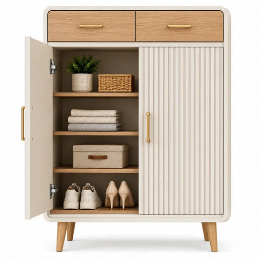 Zapatero vertical rectangular de MDF con 2 cajones puertas y estantes blanco roto madera natural y dorado 100 x 35 x 120 cm