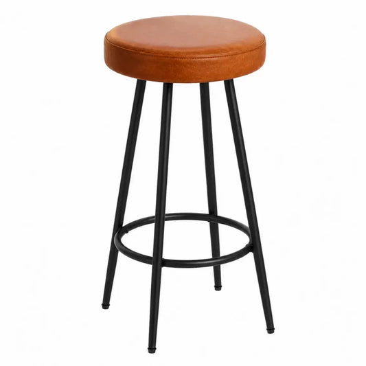 taburete de bar asiento redondo PU marrón estructura de acero negro reposapiés circular altura 65 cm