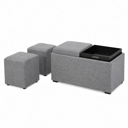 Conjunto de reposapiés de poliéster gris con banco rectangular de almacenaje bandeja negra y 2 pufs auxiliares 100 x 45 x 45 cm