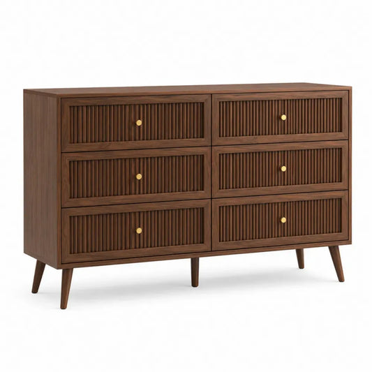 Cómoda de 6 cajones de madera MDF chapado en nogal estructura con patas cónicas color nogal oscuro 150 cm x 40 cm x 80 cm