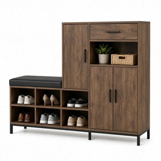 Banco zapatero de almacenamiento de madera con asiento acolchado negro y compartimentos para calzado diseño rectangular 120x35x120 cm