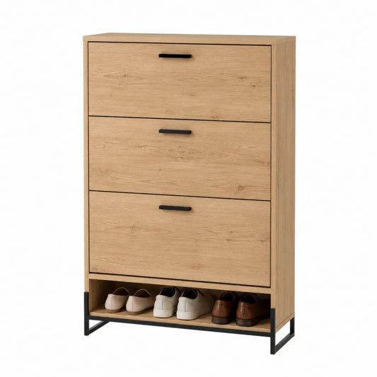 Zapatero vertical rectangular de MDF con 3 puertas abatibles estante inferior abierto metal negro roble natural 80 x 30 x 120 cm