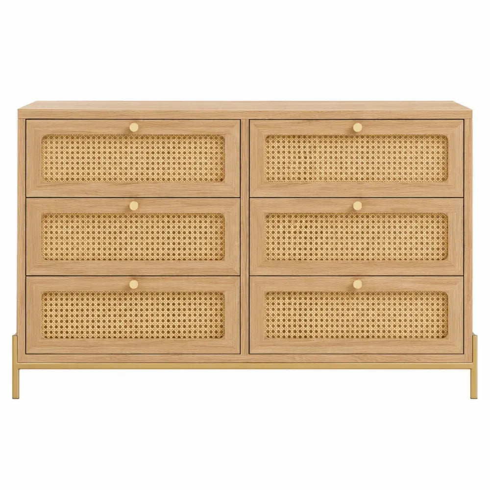 cómoda 6 cajones 120x40x80 cm MDF chapa roble claro frente ratán patas metálicas doradas