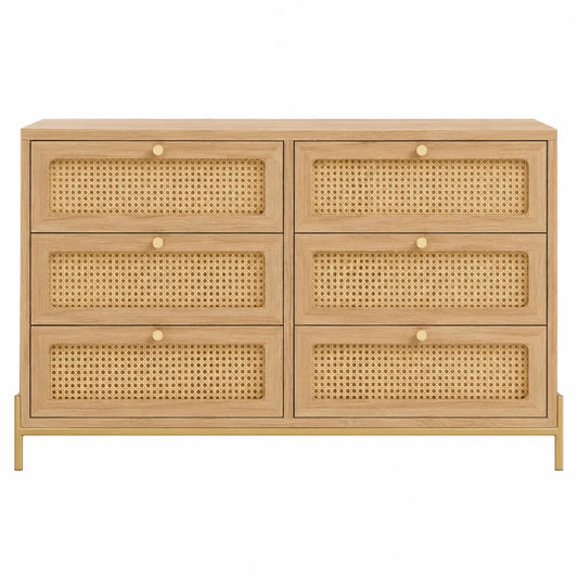 cómoda 6 cajones 120x40x80 cm MDF chapa roble claro frente ratán patas metálicas doradas