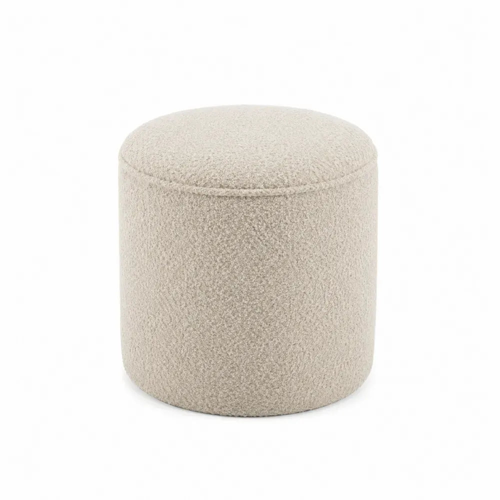 Reposapiés puff cilíndrico tapizado en tejido bouclé beige 40 x 40 x 45 cm diseño moderno