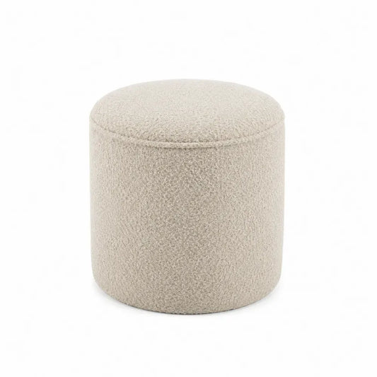 Reposapiés puff cilíndrico tapizado en tejido bouclé beige 40 x 40 x 45 cm diseño moderno