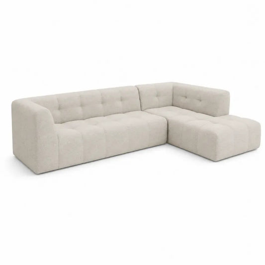 sofá esquinero modular en L tapizado en tejido beige estructura de madera estilo moderno contemporáneo