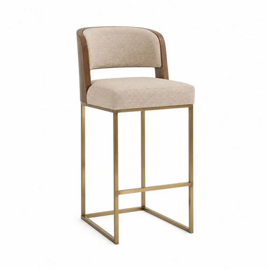 Taburete de bar con respaldo tapizado beige estructura de acero dorado y madera color nogal 95 cm