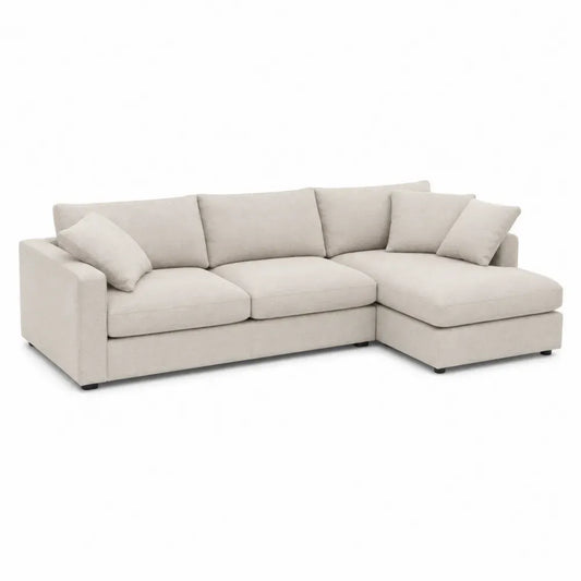 Sofá esquinero de 4 plazas con chaise longue derecha tapizado en tela de poliéster beige con cojines y reposabrazos cuadrados 260 x 170 x 85 cm