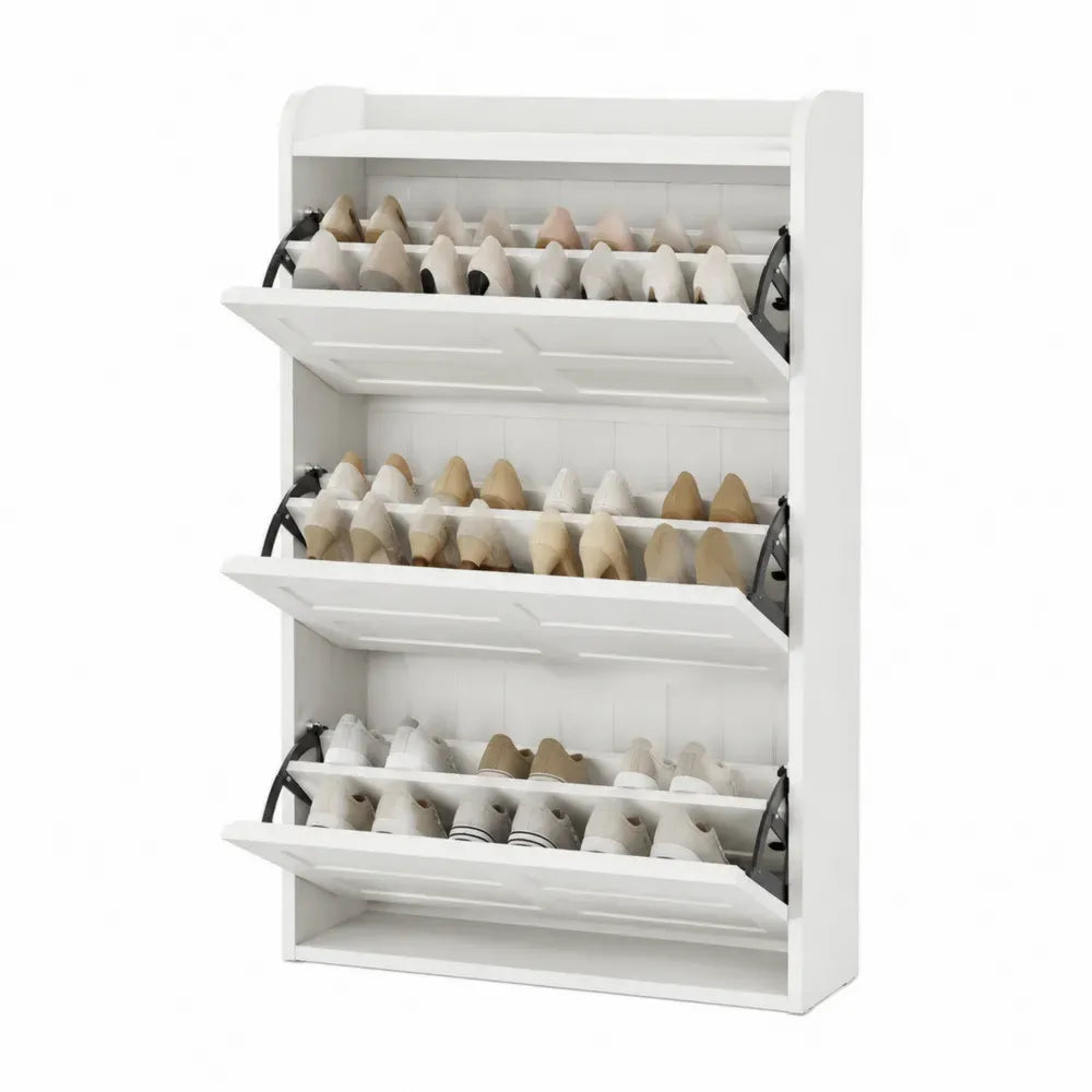 Zapatero vertical de MDF blanco con 3 compartimentos abatibles y mecanismos metálicos negros 60 x 24 x 120 cm