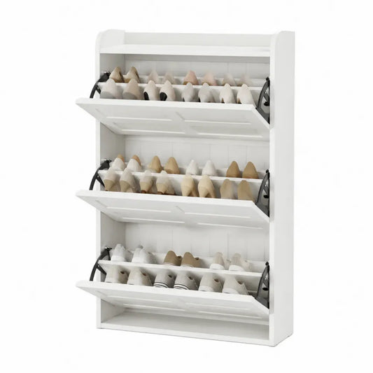 Zapatero vertical de MDF blanco con 3 compartimentos abatibles y mecanismos metálicos negros 60 x 24 x 120 cm