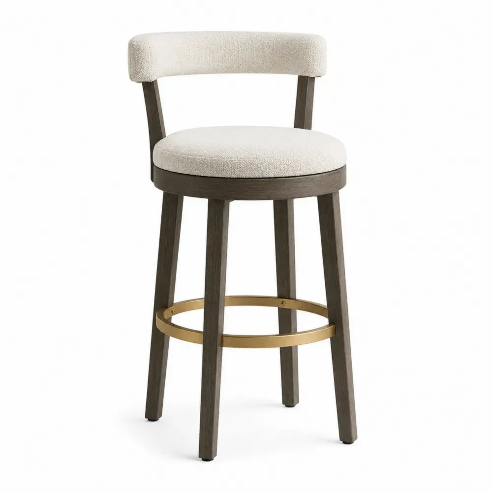 Taburete de bar con respaldo abierto tapizado asiento redondo de poliéster estructura de madera marrón oscuro 95 cm