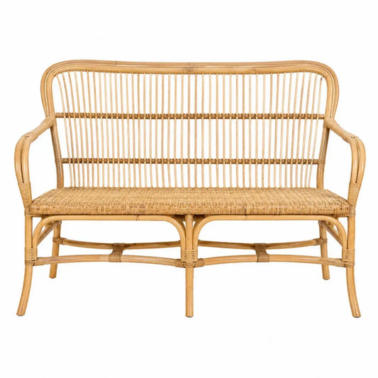 Banco de exterior de bambú con respaldo de ratán tejido color madera natural diseño artesanal