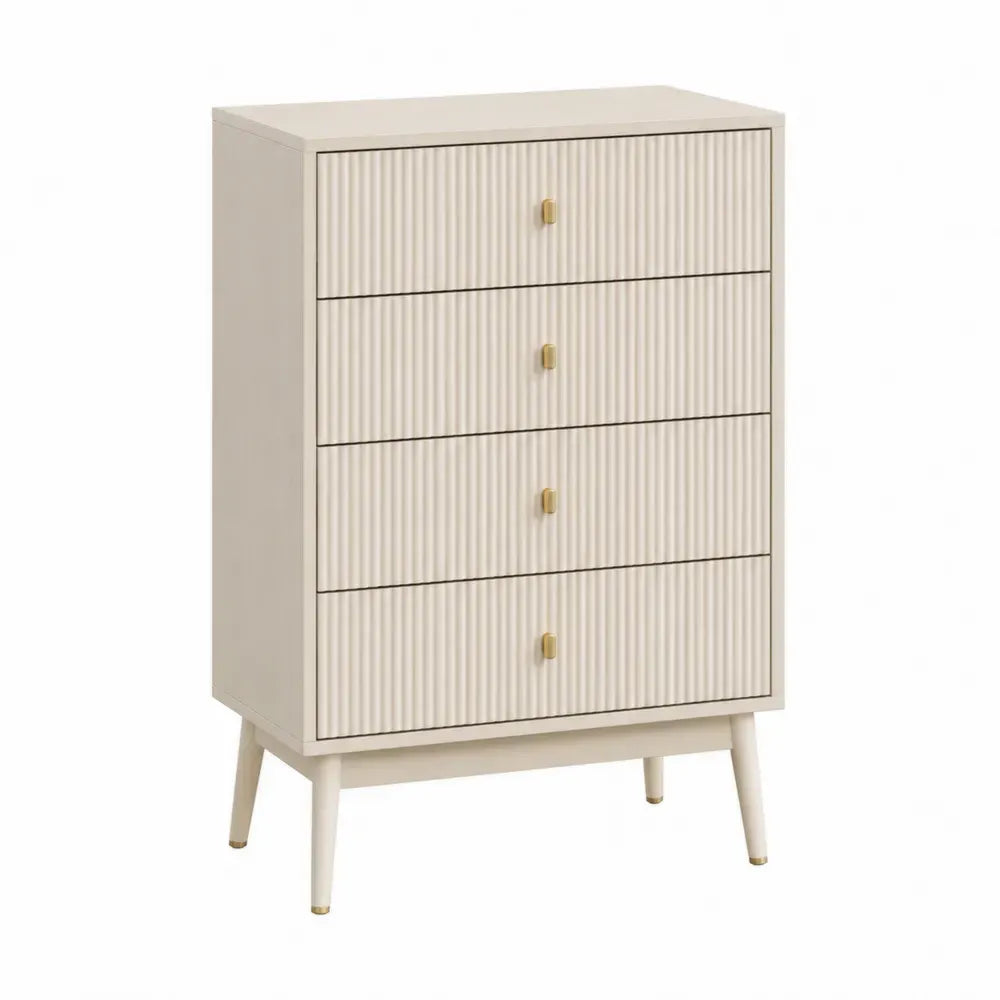 Cómoda rectangular de MDF color crema con cuatro cajones estriados tiradores dorados y patas inclinadas 80 x 40 x 95 cm