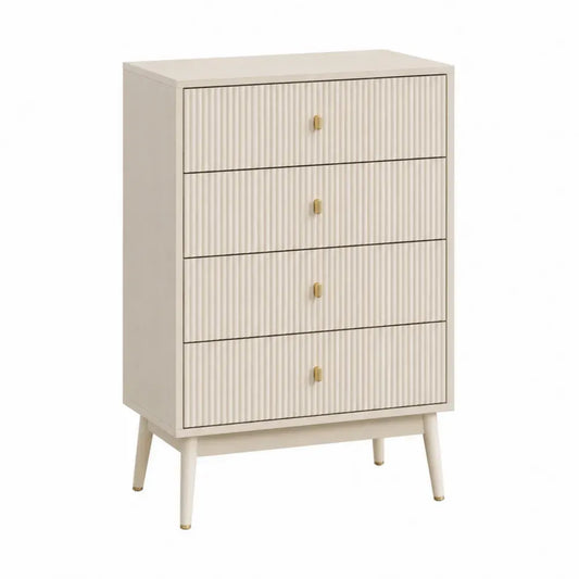 Cómoda rectangular de MDF color crema con cuatro cajones estriados tiradores dorados y patas inclinadas 80 x 40 x 95 cm