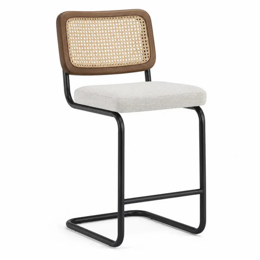 silla de comedor 85 cm estructura metálica negra respaldo de ratán madera asiento tapizado beige estilo moderno