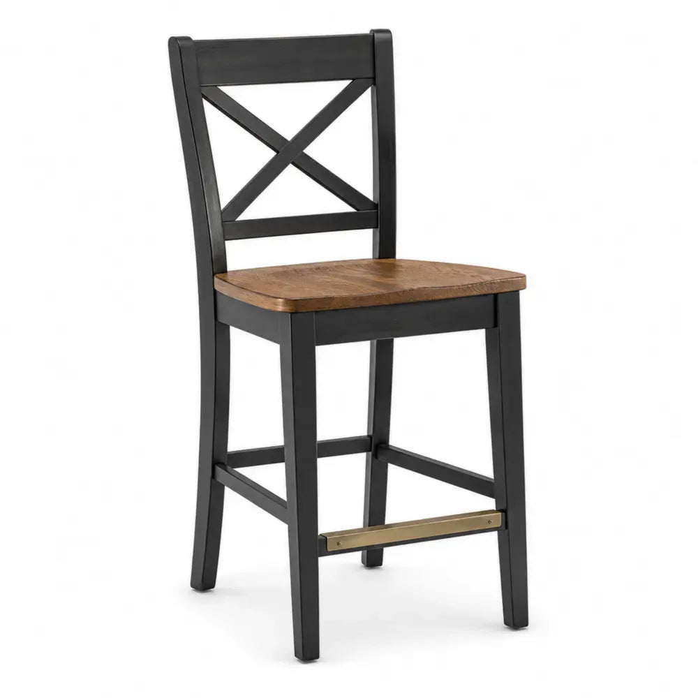 Taburete de bar de madera maciza con respaldo cruzado asiento rectangular marrón estructura negra y reposapiés dorado 95 cm