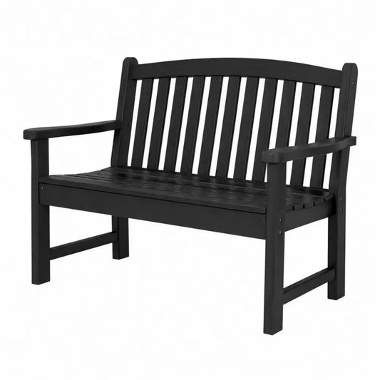 Banco de exterior de madera maciza con respaldo de listones y reposabrazos acabado en negro 120 x 60 x 85 cm
