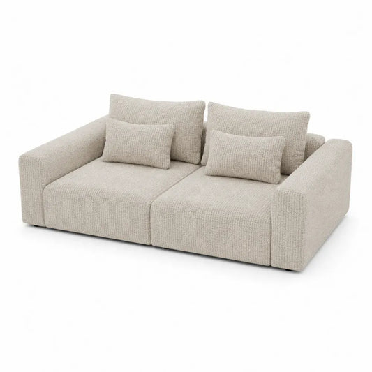 Sofá modular de 2 plazas tapizado en tejido bouclé de poliéster beige con reposabrazos cuadrados cojines y asiento profundo 240 x 115 x 85 cm