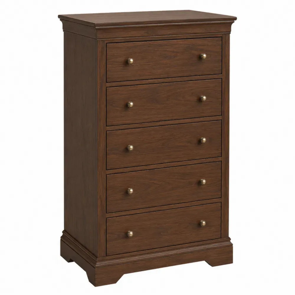 Cómoda de 5 cajones de madera MDF chapado en nogal color nogal oscuro 70 cm x 40 cm x 120 cm