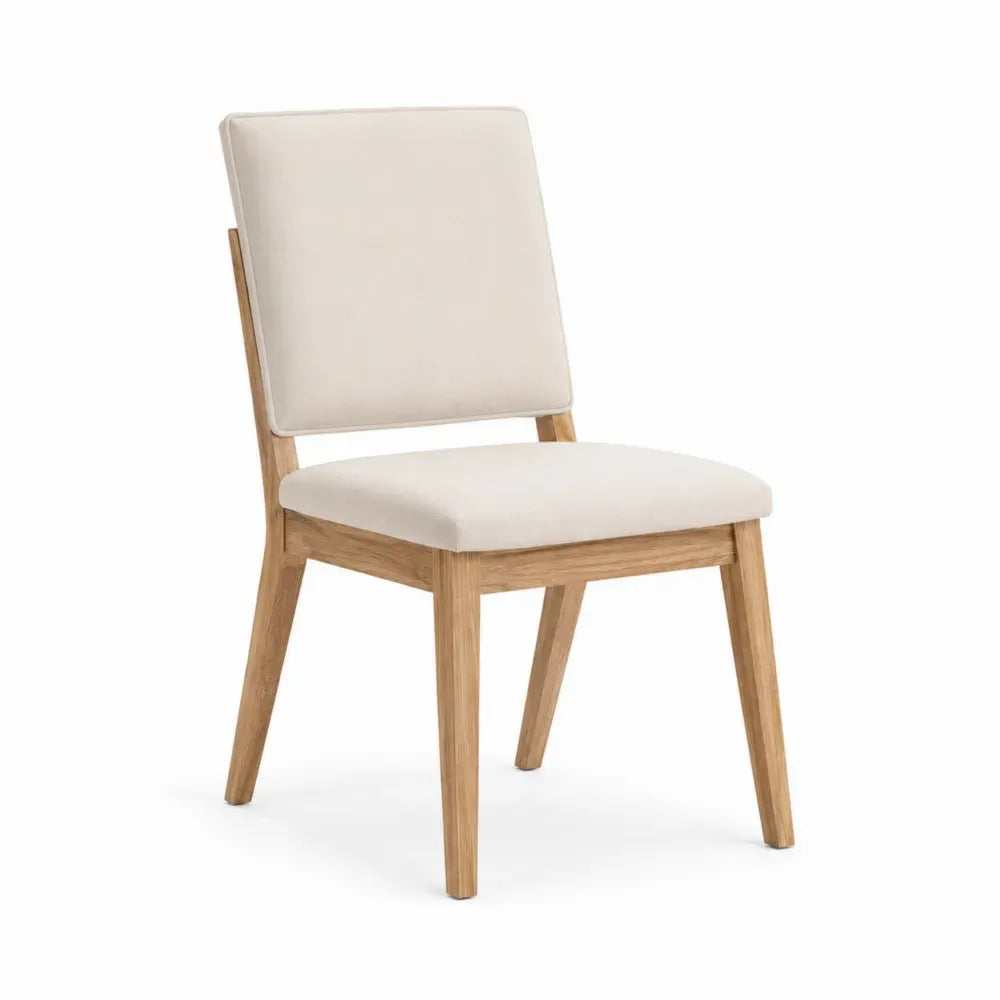 silla de comedor tapizada madera natural asiento y respaldo acolchado beige estructura de madera maciza estilo moderno