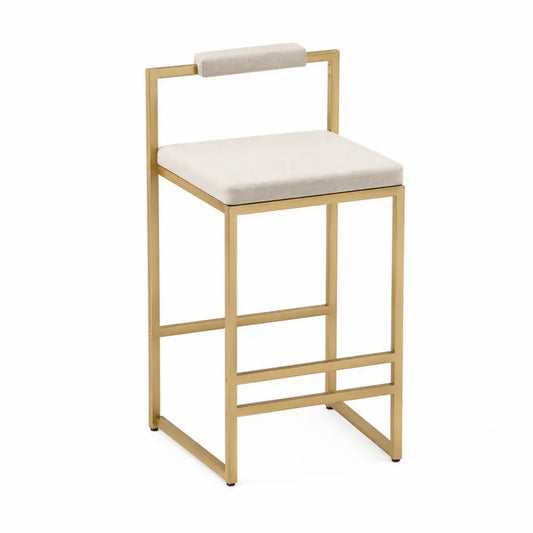 Taburete alto de comedor tapizado en poliéster beige con respaldo y estructura de acero dorado 45 x 50 x 95 cm