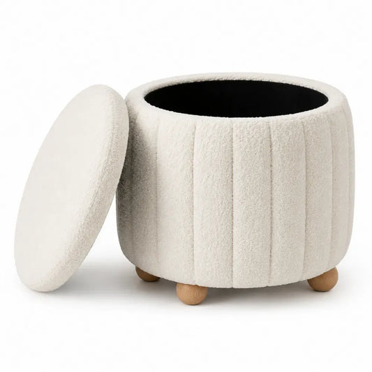 Reposapiés puff cilíndrico con almacenaje en tejido bouclé de poliéster beige con tapa extraíble y patas de madera 45 x 45 cm