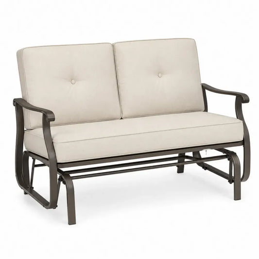 Banco balancín de exterior de 2 plazas de acero marrón oscuro con cojines beige 125 x 80 x 90 cm