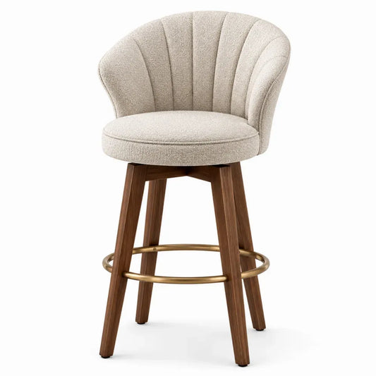 taburete de bar madera natural asiento tapizado beige estructura de cuatro patas reposapiés circular dorado altura 75 cm