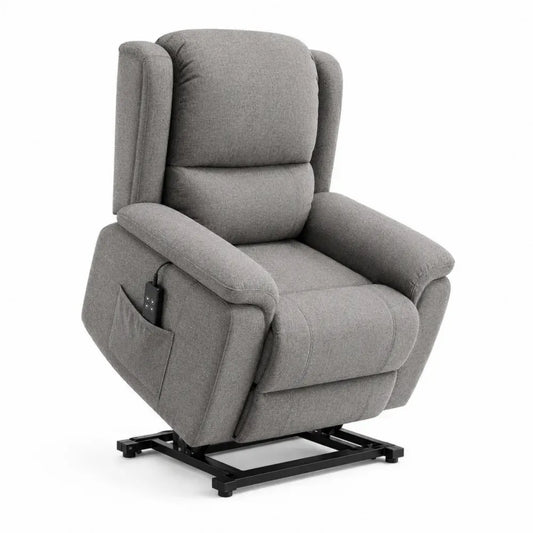 Sillón reclinable eléctrico de tejido de poliéster gris con bolsillo lateral estructura de acero y madera 95 x 95 x 105 cm