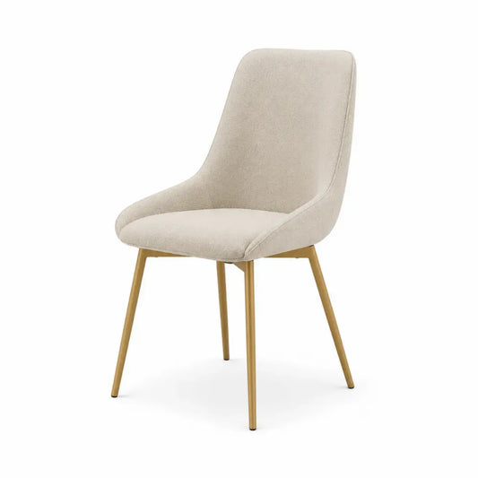 Silla de comedor tapizada en poliéster beige con respaldo curvado y patas de acero dorado 48 x 52 x 84 cm