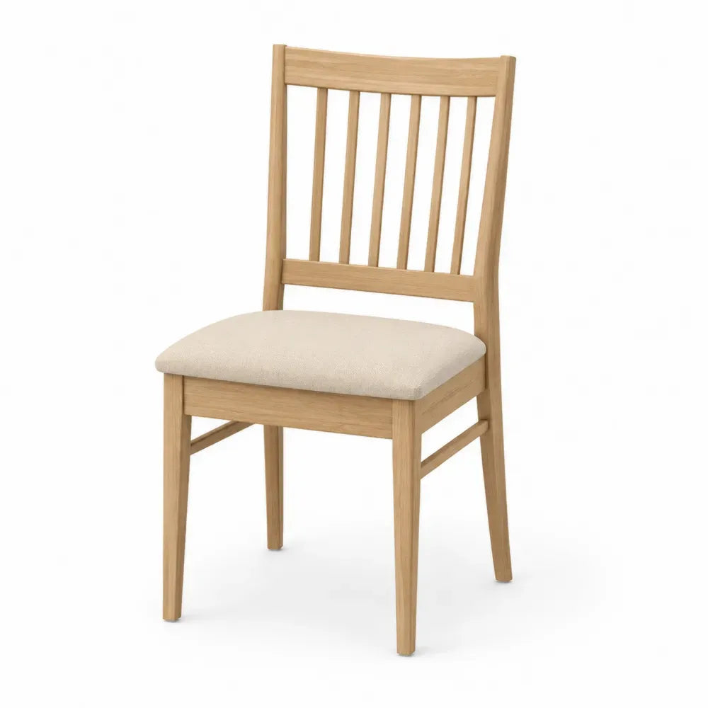 Silla de comedor de madera maciza con asiento tapizado en tejido beige respaldo de listones color madera natural 45 cm x 52 cm x 85 cm