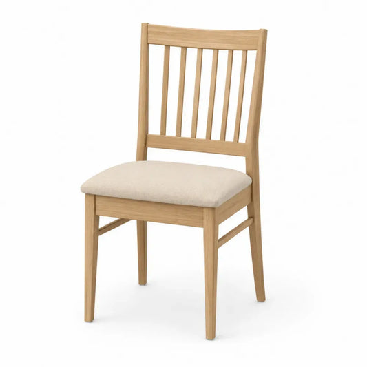 Silla de comedor de madera maciza con asiento tapizado en tejido beige respaldo de listones color madera natural 45 cm x 52 cm x 85 cm