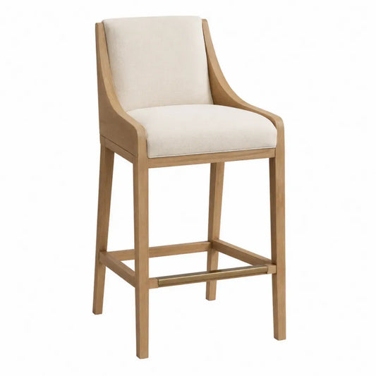 Taburete de bar con reposabrazos de madera asiento y respaldo tapizados beige estructura de roble natural y reposapiés dorado 95 cm