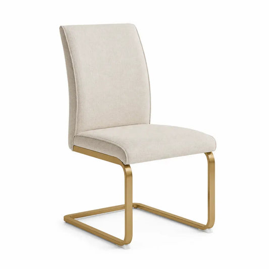 silla de comedor tapizada beige base metálica dorada cantiléver respaldo acolchado tejido poliéster 84 cm