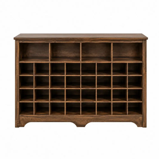 Zapatero estantería rectangular de aglomerado con 28 compartimentos abiertos acabado marrón nogal 100 x 30 x 80 cm