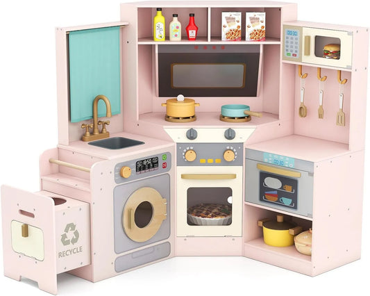 COSTWAY Máquina de lavar roupa, CUSTWAY Cozinha Canto criança com escorregando Lixo, Acessórios para 3+ Anos, Sink, Luzes e sons, Rosa